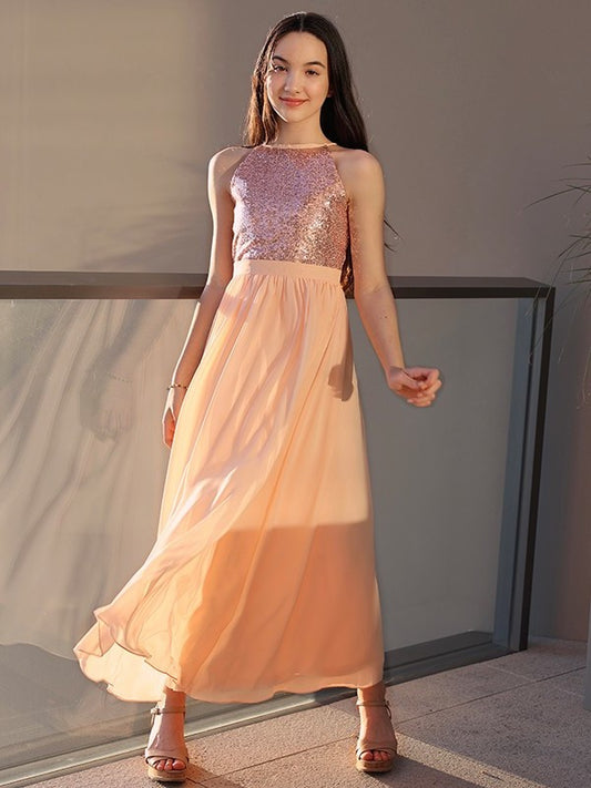 A-Line/Princess Chiffon Sequin Scoop Sleeveless Ankle-Length Junior/Girls Bridesmaid Dresses DEP0005882