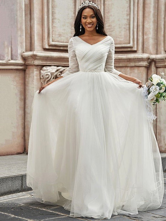 A-Line/Princess Ruched Sweetheart Tulle 3/4 Sleeves Sweep/Brush Train Wedding Dresses DEP0005935