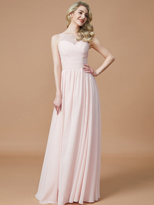A-Line/Princess Bateau Sleeveless Ruched Floor-Length Chiffon Bridesmaid Dresses DEP0005673