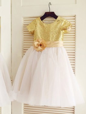 A-line/Princess Scoop Short Sleeves Sequin Long Tulle Dresses DEP0007669