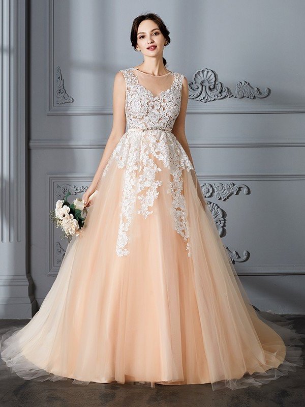 Ball Gown Scoop Sleeveless Court Train Tulle Wedding Dresses DEP0006564