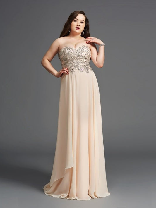 A-Line/Princess Sweetheart Rhinestone Sleeveless Long Chiffon Plus Size Dresses DEP0003705
