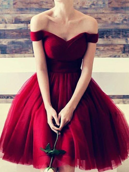 A-Line Off-the-Shoulder Cut Short With Ruffles Tulle Red Homecoming Dresses DEP0008265