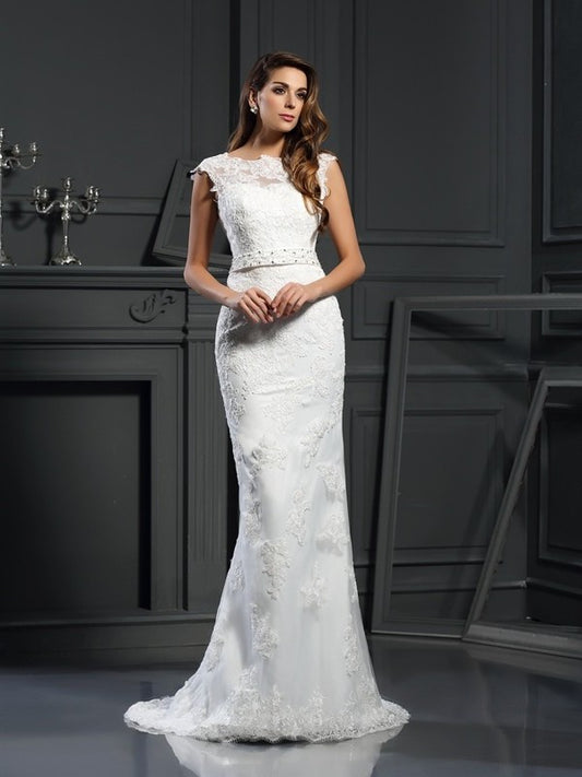 A-Line/Princess Bateau Lace Sleeveless Long Satin Wedding Dresses DEP0006429