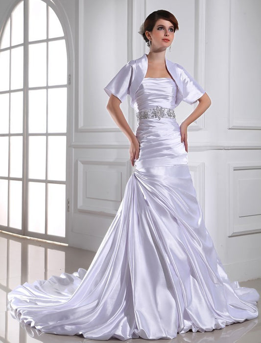 Trumpet/Mermaid Beading Strapless Sleeveless Applique Elastic Woven Satin Wedding Dresses DEP0006933