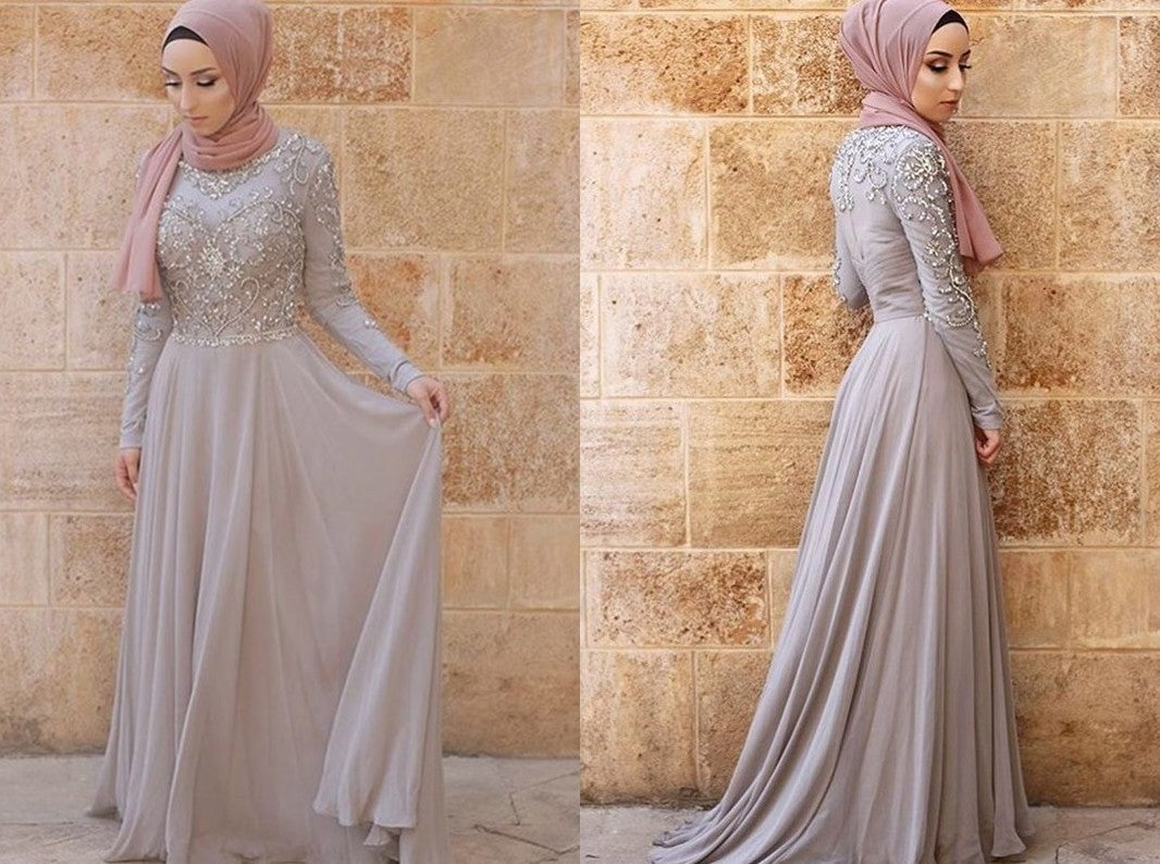 A-Line/Princess Long Sleeves Scoop Sweep/Brush Train Crystal Tulle Muslim Dresses DEP0003330