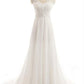 A-Line/Princess V-neck Sleeveless Sweep/Brush Train Lace Chiffon Wedding Dresses DEP0006310