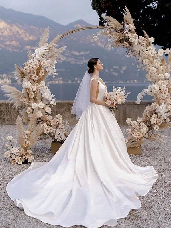 A-Line/Princess Straps Sleeveless Satin Ruffles Court Train Wedding Dresses DEP0006994