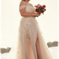 A-Line/Princess Tulle Off-the-Shoulder Applique Sleeveless Sweep/Brush Train Wedding Dresses DEP0006878