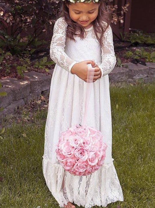 A-Line/Princess Long Sleeves Jewel Bowknot Lace Floor-Length Flower Girl Dresses DEP0007631