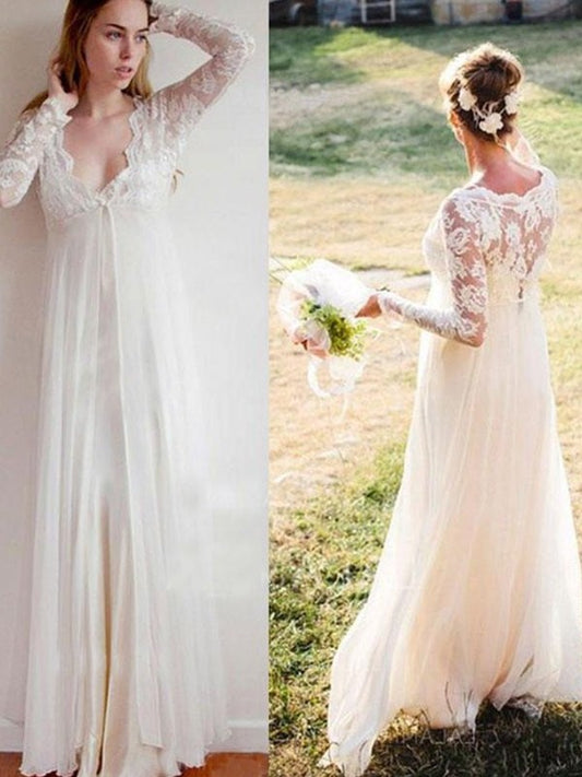 Empire V-neck Lace long Sleeves Floor-Length Chiffon Wedding Dresses DEP0006667
