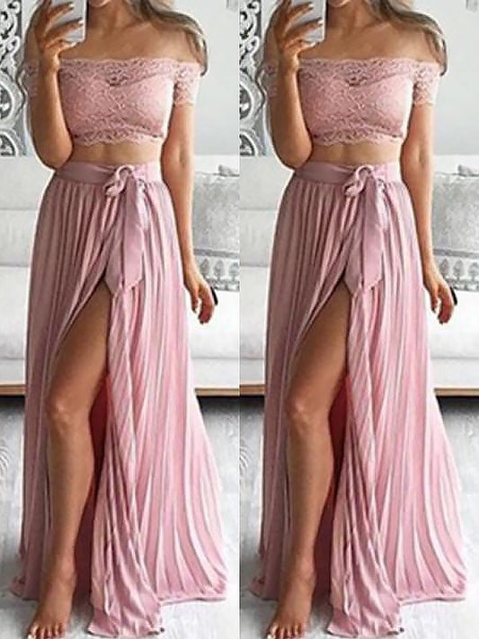A-Line/Princess Off-the-Shoulder Sleeveless Chiffon Floor-Length Lace Two Piece Dresses DEP0002112