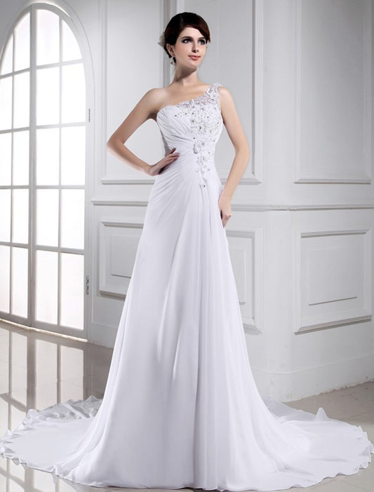 A-Line/Princess Beading One-shoulder Sleeveless Long Chiffon Wedding Dresses DEP0006799