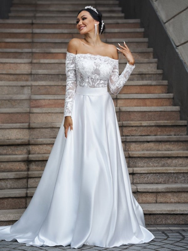 A-Line/Princess Satin Lace Off-the-Shoulder Long Sleeves Sweep/Brush Train Wedding Dresses DEP0006508