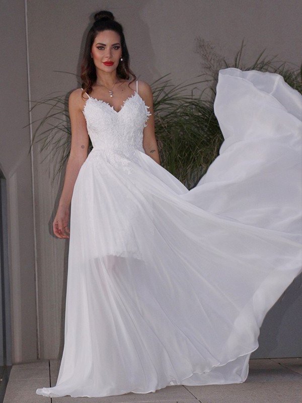 A-Line/Princess Applique Chiffon V-neck Sleeveless Sweep/Brush Train Wedding Dresses DEP0006445