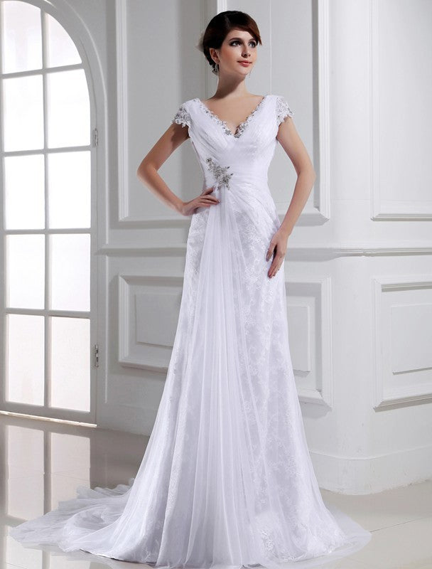 A-Line/Princess Beading V-neck Long Sleeveless Tulle Wedding Dresses DEP0006660