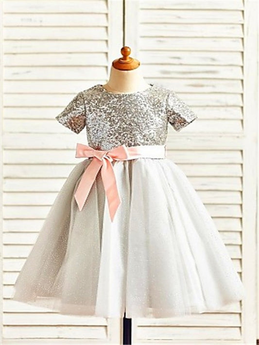 A-line/Princess Scoop Short Sleeves Sequin Tea-Length Tulle Flower Girl Dresses DEP0007726
