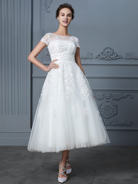 A-Line/Princess Scoop Short Sleeves Tea-Length Beading Tulle Wedding Dresses DEP0006474