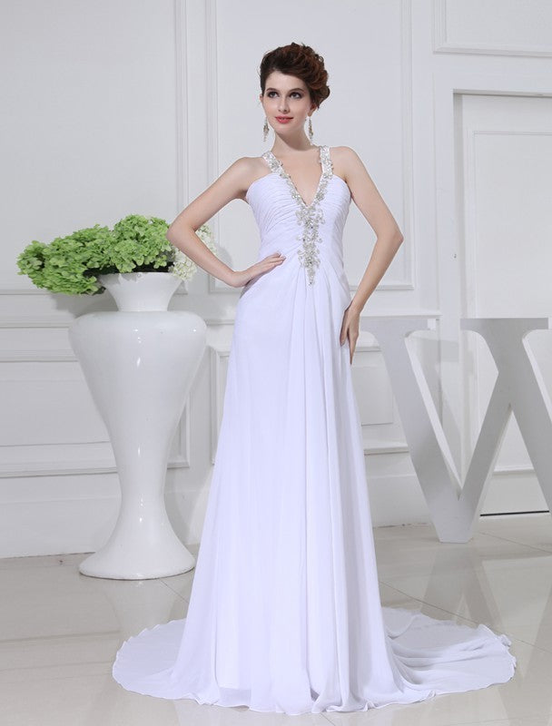 A-Line/Princess Beading V-neck Sleeveless Chiffon Wedding Dresses DEP0006864
