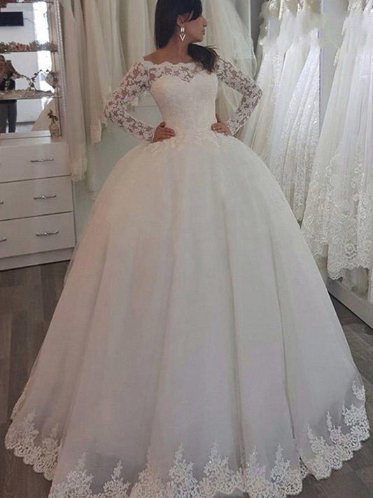 Ball Gown Long Sleeves Off-the-Shoulder Sweep/Brush Train Applique Lace Wedding Dresses DEP0006425