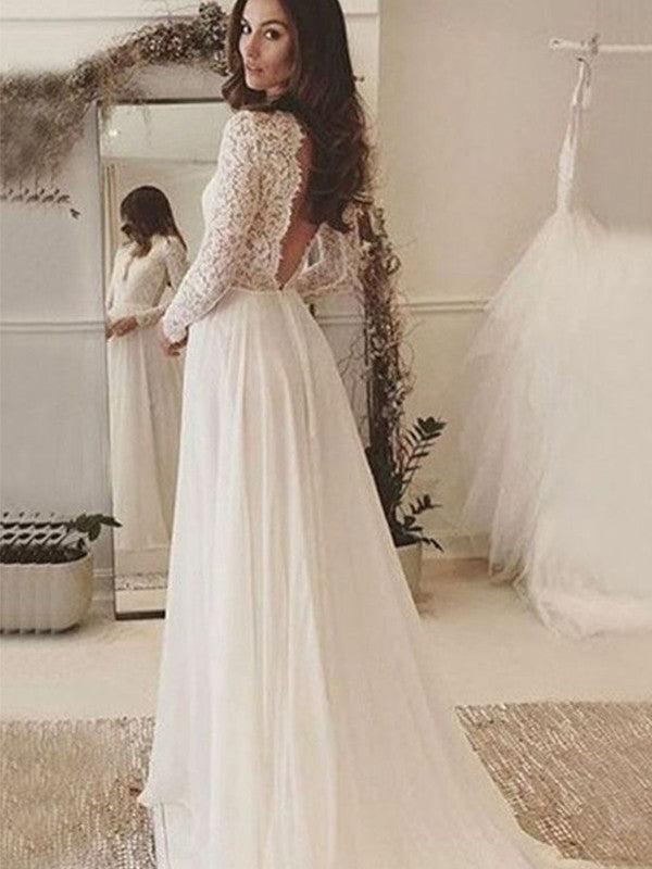 A-Line/Princess Chiffon Lace Scoop Long Sleeves Sweep/Brush Train Wedding Dresses DEP0006575