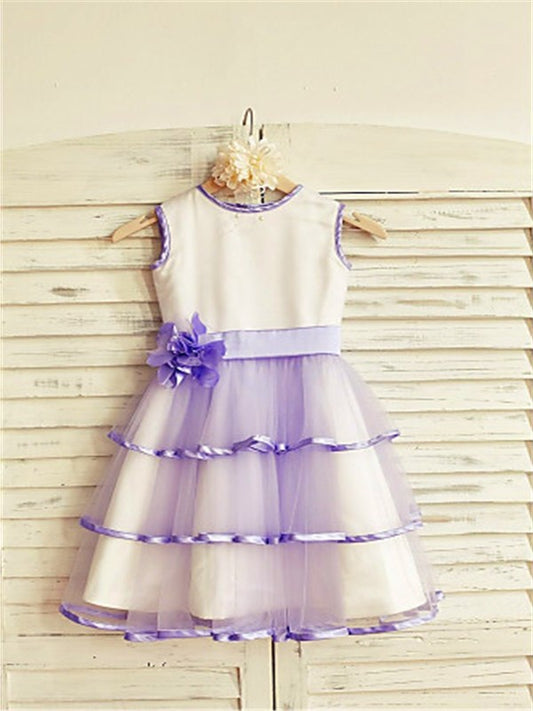 A-line/Princess Scoop Sleeveless Hand-made Flower Tea-Length Tulle Flower Girl Dresses DEP0007780