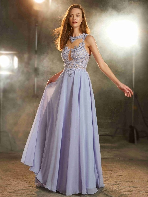 A-Line/Princess Scoop Sleeveless Floor-Length Applique Chiffon Dresses DEP0002606