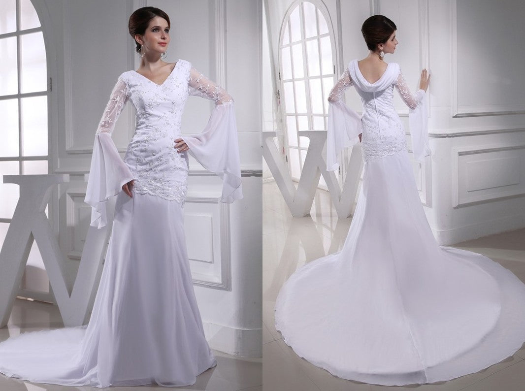 Trumpet/Mermaid Beading V-neck Chiffon Long Wedding Dresses DEP0006790