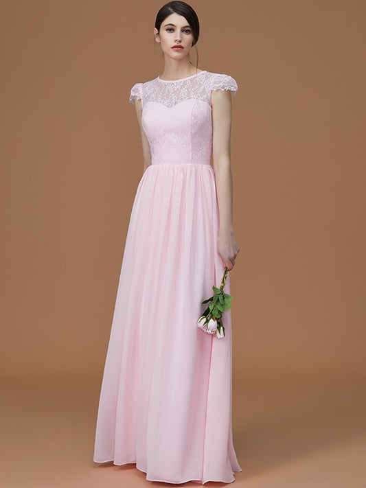 A-Line/Princess Jewel Short Sleeves Floor-Length Lace Chiffon Bridesmaid Dresses DEP0005810