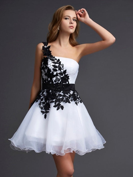 A-Line/Princess One-Shoulder Sleeveless Lace Short Organza Homecoming Dresses DEP0008098