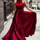 A-Line/Princess Halter Sleeveless Floor-Length Ruched Silk like Satin Dresses DEP0003086