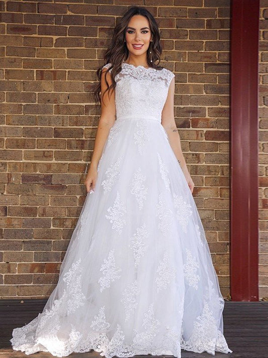 A-Line/Princess Lace Sleeveless Scoop Sweep/Brush Train Wedding Dresses DEP0006152