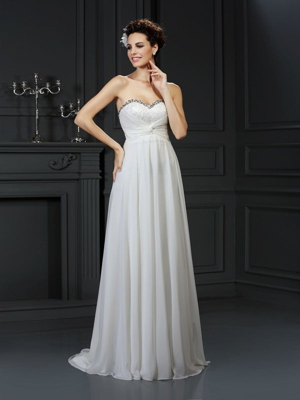 A-Line/Princess Sweetheart Ruffles Sleeveless Long Chiffon Wedding Dresses DEP0006796