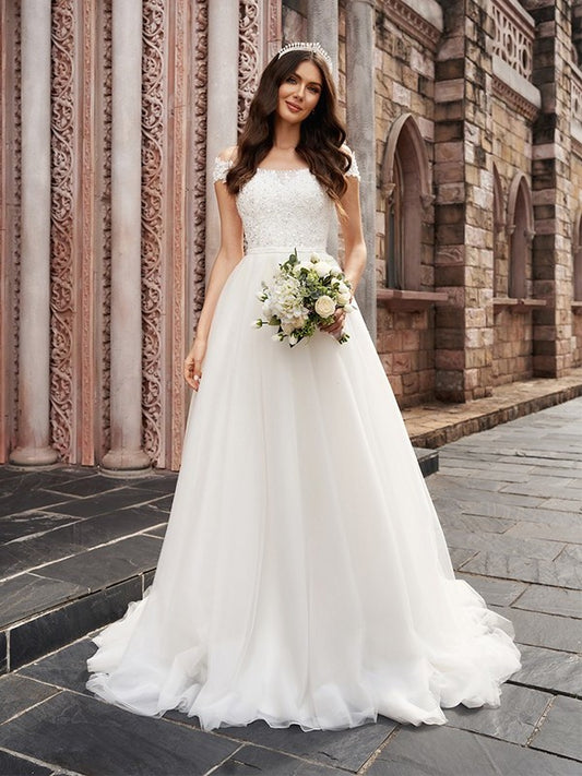 A-Line/Princess Applique Off-the-Shoulder Sleeveless Tulle Court Train Wedding Dresses DEP0005991