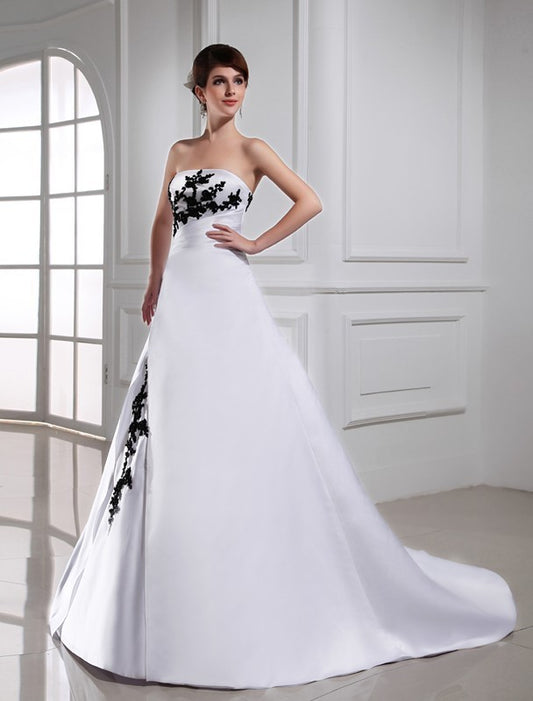 A-Line/Princess Beading Strapless Sleeveless Long Satin Wedding Dresses DEP0006764