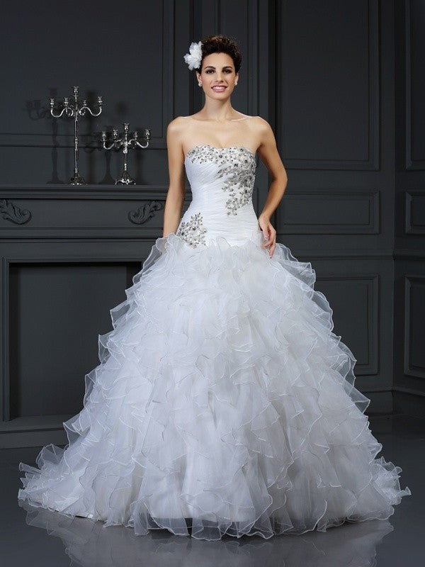 Ball Gown Strapless Beading Sleeveless Long Organza Wedding Dresses DEP0006430