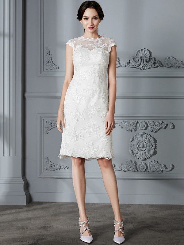A-Line/Princess Sleeveless Scoop Knee-Length Lace Satin Wedding Dresses DEP0006795