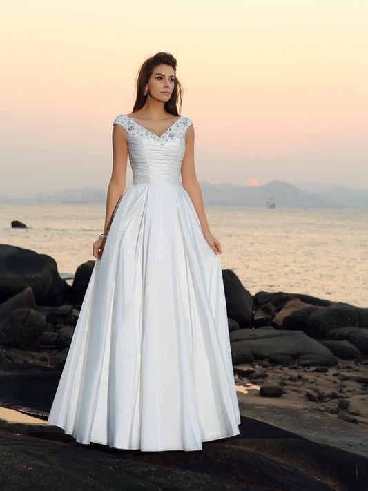 A-Line/Princess V-neck Beading Sleeveless Long Taffeta Beach Wedding Dresses DEP0006380