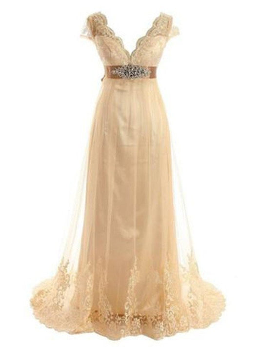 A-Line/Princess Short Sleeves V-neck Sweep/Brush Train Beading Lace Tulle Wedding Dresses DEP0006382