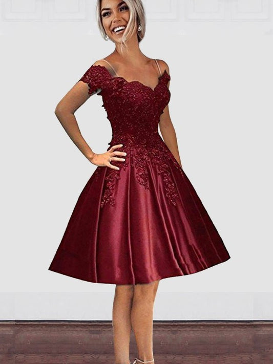 A-Line Off-the-Shoulder Cut Short With Applique Satin Burgundy Homecoming Dresses DEP0008157