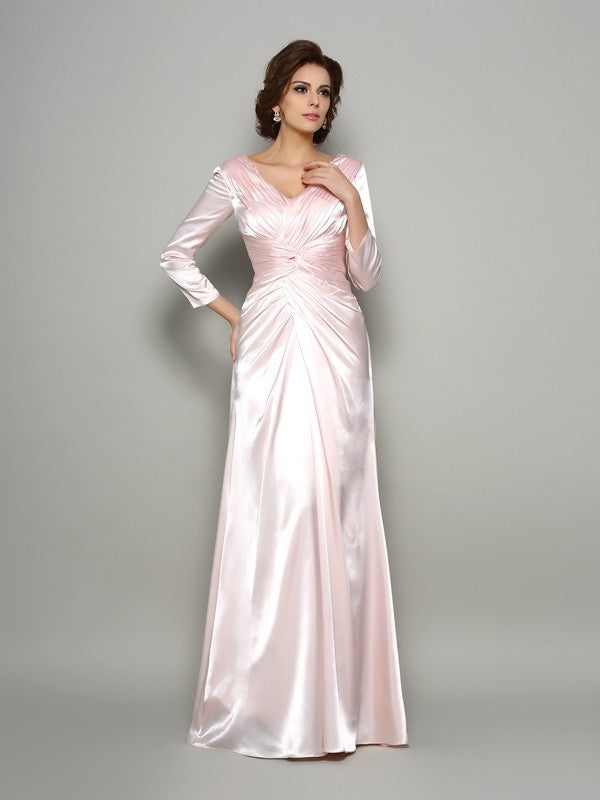 A-Line/Princess V-neck Ruched Long Sleeves Long Silk like Satin Mother of the Bride Dresses DEP0007340