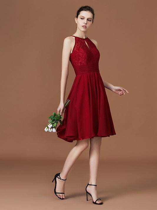 A-Line/Princess halter Sleeveless Knee-Length Chiffon Lace Bridesmaid Dress DEP0005509