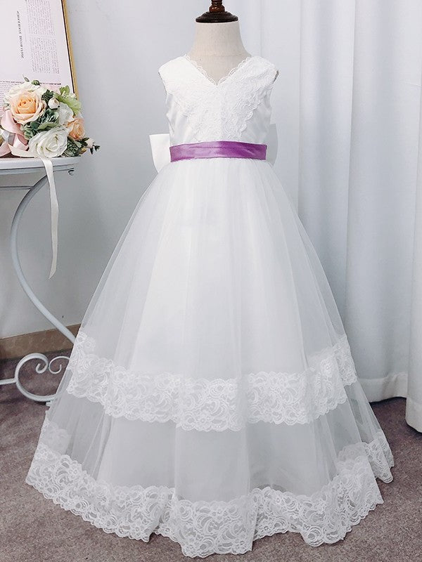 A-Line/Princess Tulle Lace V-neck Sleeveless Floor-Length Flower Girl Dresses DEP0007936