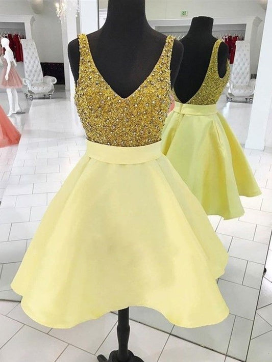 A-Line V-neck Cut Short With Beading Satin Yellow Homecoming Dresses DEP0008705