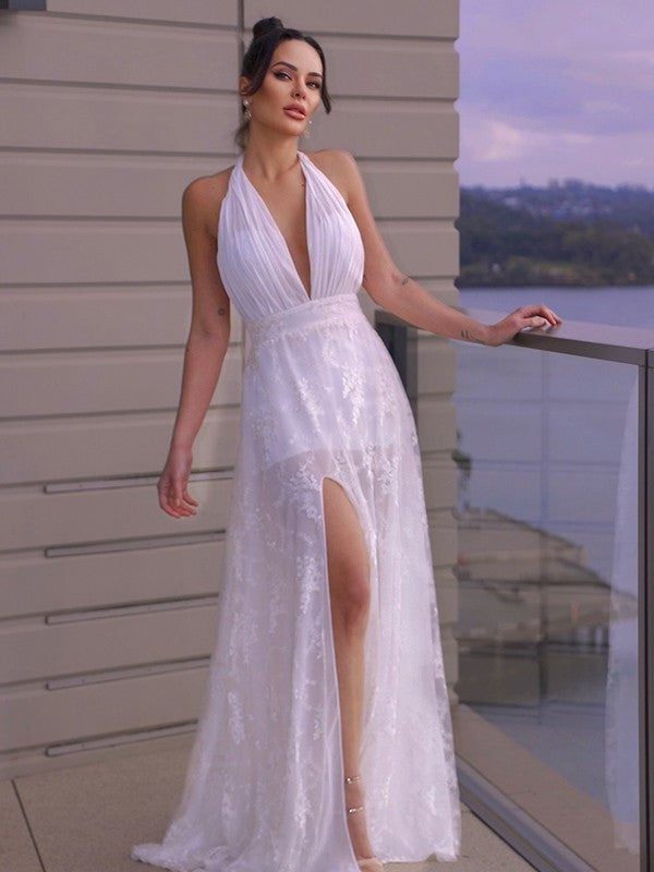 A-Line/Princess Lace Ruched Halter Sleeveless Floor-Length Wedding Dresses DEP0006073
