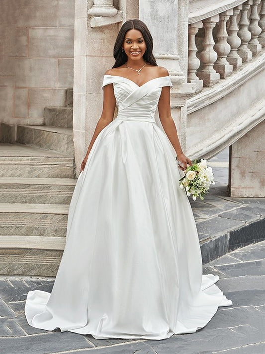 A-Line/Princess Off-the-Shoulder Ruched Sleeveless Satin Court Train Wedding Dresses DEP0005936