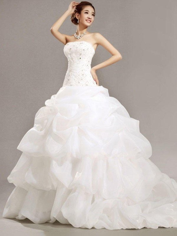 Ball Gown Sleeveless Strapless Cathedral Train Beading Lace Pleats Organza Wedding Dresses DEP0006543