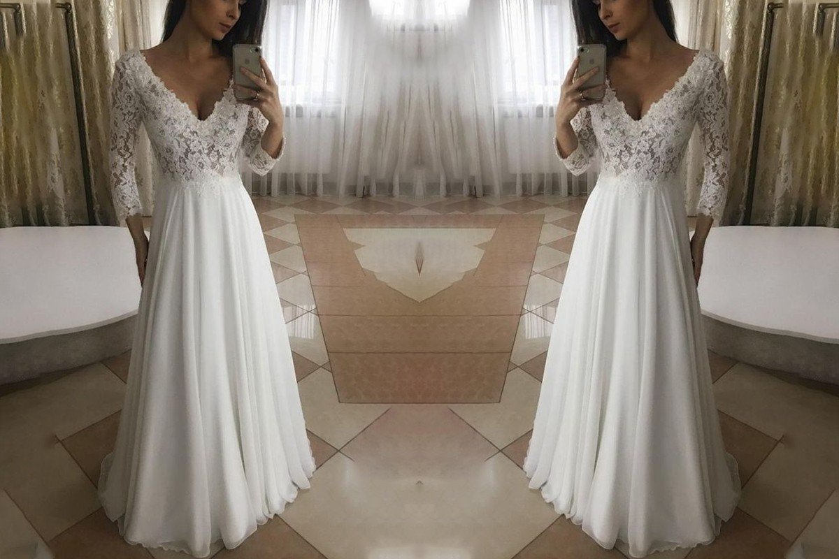 A-Line/Princess Chiffon Applique 3/4 Sleeves V-neck Floor-Length Wedding Dresses DEP0006038