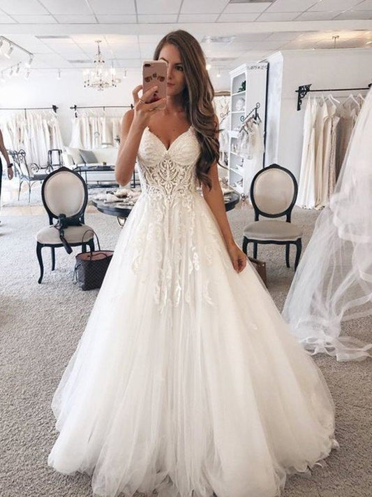 A-Line/Princess Sweetheart Sleeveless Floor-Length Lace Tulle Wedding Dresses DEP0006224