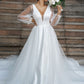 A-Line/Princess Tulle Ruffles V-neck Long Sleeves Court Train Wedding Dresses DEP0006580